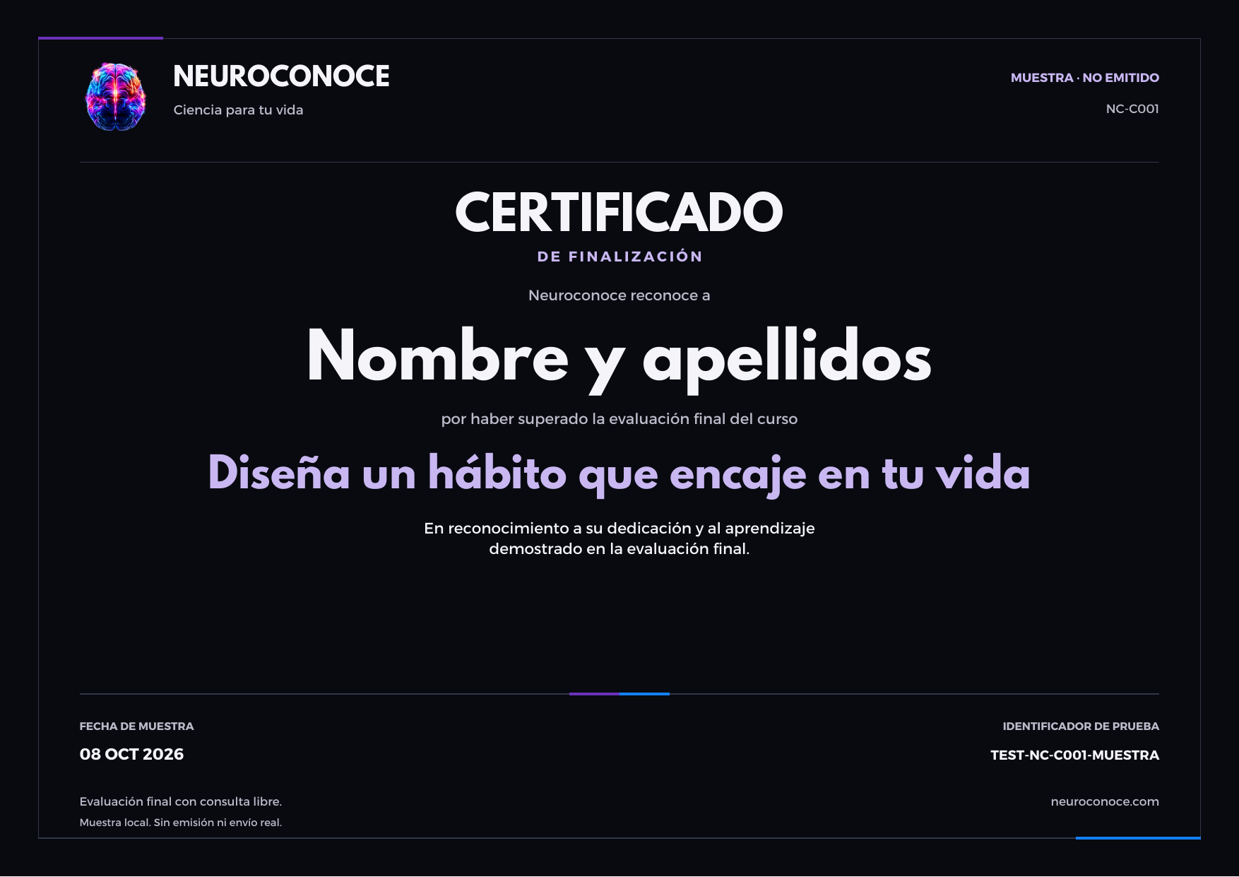 Muestra de diseño del certificado Neuroconoce, marcada como no emitida